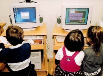 Computer lessons for kindergartners at the American University in Baku (AUB), 1999.