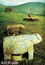 Stone monument resembling ram figures. 19th century. Kalbajar region.