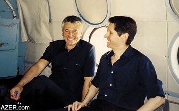 Sergio De Mello (left) with Paolo Lembo (former U.N. Representative to Azerbaijan) in a helicopter going to access the devastation caused by an earthquake in Afghanistan for the U.N. (1998). De Mello, who was the Special Representative of the UN Secretary for Iraq, was killed in Baghdad when a truck bomb exploded outside the U.N. office on August 19, 2003.