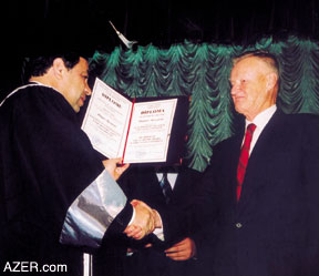 On November 7, 2003, the Rector of Baku State University, Abel Maharramov, (left) presented an Honorary Doctorate to Zbigniew Brzezinski. Dr. Brzezinski, former National Security Advisor to U.S. President Carter (1977 to 1981), has written several books related to the geopolitics of the former Soviet Union.