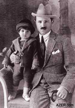 Jeyhun Hajibeyli in Paris with his son. 1920s. When the Bolsheviks took control of Baku, Jeyhun could not return. He spent the rest of his life as an exile, living outside of Azerbaijan. Photo: Courtesy Clement Baily, grandson of Jeyhun Hajibeyli, Paris