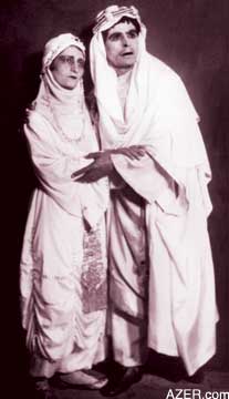 Hagigat Rezayeva, the first professional woman to perform the role of Leyli in "Leyli and Majnun". All roles were traditionally performed by men. Huseingulu Sarabski here as Majnun. 1928. Photo: Courtesy Azer Rezayev, family archives, son of Hagigat Rezayeva