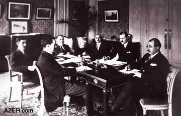 Azerbaijan's delegation to the Treaty of Versailles (1919) to gain international acknowledgement of Azerbaijan as a nation. Clockwise from center front: Abbas Atamalibeyov, Mammad Maharramov, Alimardan Topchubashov, Akbar Agha Sheikhulislamov, Jeyhun Hajibeyli, Miryagub Mirmehdiyev. Fatali Khoiski was Prime Minister at the time for the Azerbaijan Democratic Republic (ADR). Photo: Courtesy Ramiz Abutalibov.