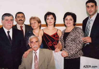 Muktar (sitting). Standing: Abbas Abbasov (Deputy Prime Minister), son Reza and his wife Irada, granddaughter Jamila, daughter Sevar, and Jamila's husband Ulvi. Photo: Courtesy of the family of Mukhtar Avsharov.