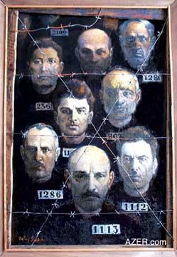 Portraits of some of Azerbaijan's well-known writers who were executed by Stalin. Clockwise from bottom center: Prisoner No. 1113: Husein Javid (1882-1941); No. 1286: Seyid Husein, the artist's father (1887-1937); No. 11??: Mikayil Mushfig (1908-1937); No. 2369: Idris Akhundzade (dates unknown); No. 2109: Abbas Mirza Sharifzade (1893-1938); No. 1280: Panah Gasimov (1881-1939); No. 169. Yusif Vazir Chamanzaminly (1887-1943); and No. 1112: Ahmad Javad (1892-1937). Portrait oil painting by Ogtay Sadigzade. Ogtay and his mother Ummugulsum together spent 13 years in exile in prison camps. Ogtay's father Seyid Husein was executed. This painting is on display at the Husein Javid Home Museum, inside Baku's Institute of Manuscripts. 