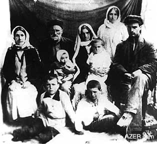 Murtuz Sadikhli (sitting on the floor to the right) with his family, one month before they were exiled to Kazakhstan neaer the Chinese border in August 1937. Nine family members were gathered and hauled off in railroad boxcars, including his grandfather and grandmother. The family was from the Nus-Nus village of Nakhchivan. The trip took 39 days.
