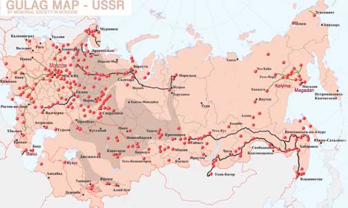 Gulag Map showing where all the prison camps were located during Stalin's era. This map was prepared based on the directory of "System of Corective Labor Camps in the USSR" published by Memorial Association in 1998. All the main camps in the USSR between 1923-1961 are designated. Of course, at certain times, there were fewer camps, but this map reflects a composite of all of the camps. Symbols: (1) Circles: Regional administration (departments) of maps and colonies. (2) Green lines: Roads built by prisoners. (3) Black lines: Railway roads built by prisoners. (4) Gray areas: Territories where exiles were sent in mass. Courtesy: International Memorial Society, Moscow, per Jan Raczynski. For more information about the Gulag and memoirs of prisoners who were repressed, visit: www.memo.ru (Web site in Russian, English and German). 
