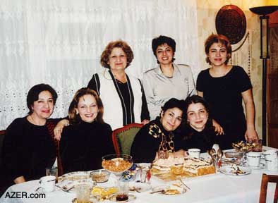 Samaya Hasanova's descendents: (From left, sitting): Naila's half sister Zemfira (Mustafa's daughter), Zulfiyya (daughter-in-law of Elmira), Naila Hasanova who authored this article, Zemfira's daughter Sona. Standing (from left): Naila's sister Elmira, Naila's daughters: Nargiz and Samira