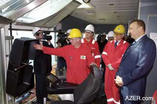 President Ilham Aliyev visiting the Zykh construction yard where the Shah Deniz TPG 500 platform and seabed foundations were built. March 22, 2006. The project is operated on behalf of Shah Deniz partnership by Technip Maritime Offshore Ltd.