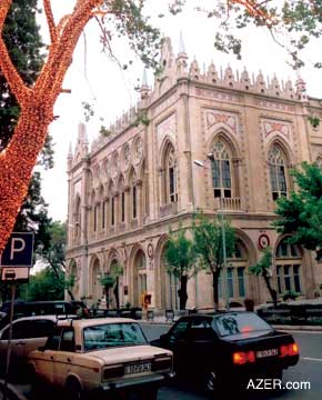 At present, this building serves as the Presidium of the Academy of Sciences. It was built by Oil Baron Musa Naghiyev (1849-1919), purportedly the wealthiest of all Azerbaijani oil entrepreneurs at the beginning of the 20th century. He built this Gothic style monument in memory of his son Ismayil (1875-1902) who died of tuberculosis at the age of 27. Naghiyev dedicated this building to the service of the Baku Philanthropic Society. Interior photos of this grandeur architecture can be seen in the Summer 2005 (AI 13.2) issue of Azerbaijan International. Search at AZER.com. 