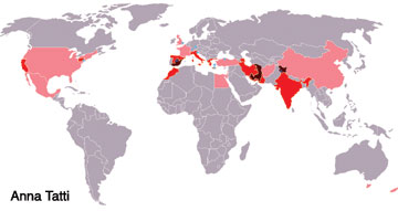 Map showing the major cultivation centers in the world. The darker the red color, the more prevalent the saffron crop. Photo: Saravask. Wikipedia, Saffron