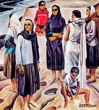 "Women of Absheron". The women would always wait for the boat to return to Absheron Peninsula near Baku with their men who were working on the oil rigs at Oil Rocks in the Caspian. As the sea always presented dangers, the women always worried and were anxious. Note here that each woman has withdrawn into her own personal world. Each one is looking off into a different direction. Again, this style contradicts Socialist Realism and is done as a "Severe Style" work, a movement, which the artist Tahir Salahov helped to establish in which art dared to show the true reality of life's harshness. (Oil on canvas, 263 x 263 cm, Tretyakov Gallery in Moscow, 1967).