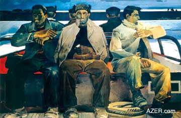 "Repair Workers". One of the early works of Tahir Salahov, again expressing the bleakness and isolation of life, a reality that contradicted the official government line. The painting depicts workmen who were employed at Oil Rocks, the location where successful offshore drilling first took place in world history in 1949. (Oil on canvas, 200 x 320 cm, Azerbaijan National Art Museum, 1960).
