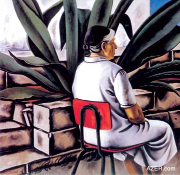Tahir Salahov's mother Sona was left with five children, ages 14 years to two months, when her husband was arrested by Stalin's agents in 1937. The family did not learn until 18 years later that their father had been executed shortly after he was taken from his home late one evening. Here Tahir shows his mother in contemplation, waiting and waiting, as she sits beside a Century Plant that she herself had planted. The harsh reality of life is reflected in Tahir's works. (Oil on canvas, 110 x 120 cm, 1984).