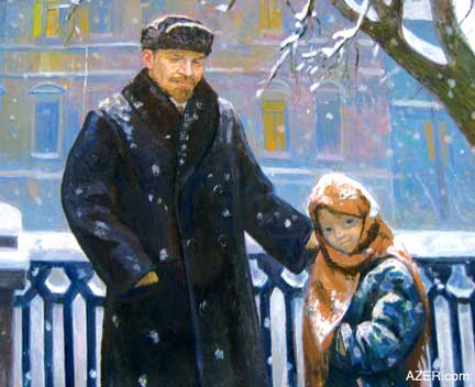 Lenin with child in snow by Volobuev Evgeni Evgenevich (1946-) is active in Kyiv, Ukraine. Depicting political leaders with children makes them seem more accessible and more human. This is a romantic impression of the Father of the State. No politics are involved. It's just an artist who fascinated with experimenting with light and nature. (Oil on canvas, 1972).