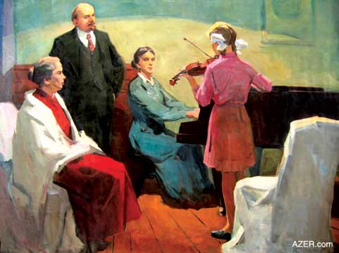 usicians by Vyacheslav Vasilevich Tokarev (1917- ). He studied at Ryzan Art College 1934-38; Institute of Painting, Sculpture and Architecture and Repin Institute, 1939-48. Active in Odessa, Ukraine. He began exhibiting in 1948 and taught at Odessa Art College 1949-55.   In this scene, Lenin is no longer depicted as a leader. Rather he is shown relaxing with like any bourgeois family man. He no longer is the center of focus in the scene as all eyes are fixed on the young violinist. It's like the artist is trying to show Lenin as an outsider. No elements of the politics or revolution are found here in this painting. It is a purely romantic picture. (Oil on canvas, 120 x 160 cm, 1970).