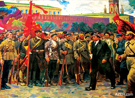 ng the Bolshevik Revolution by Mikhail Fedorovich Kholuev (1923-1987) and Ludmila Sergeevna Manevich (1943- ). Kholuev was born in Ostry Kamen, Lipetsk, (Central Federal District of Russia). Manevich is said to have painted the background and Kholuev painted the soldiers and Lenin. (Oil on canvas, 150 x 310 cm, 1973).