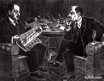 ers of the Bolshevik Party in Azerbaijan, Nariman Narimanov is shown at Lenin's place. The actual event took place in 1924 prior to Lenin's stroke and subsequent death. This linoleum print is by Azerbaijani artist Alakbar Rezaguliyev (1903-1974). Note the famous satiric magazine on the table-a copy of "Molla Nasraddin," a publication which was famous for attacking social issues such as ignorance, lack of education, backward ideas about women. Narimanov is reading the "Kommunist" newspaper. (Linoleum print, 72 x 46 cm, 1969). Photo: Anne VIsser, Holland. 