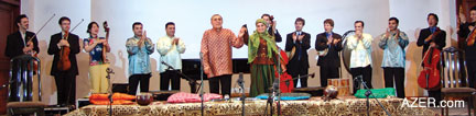 Concert at the Philharmonic Hall in Baku on May 19, 2006. Yo-Yo Ma (far right) and Alim Gasimov and his daughter (front center) along with members of the Silk Road Ensemble. Photo: US Embassy in Baku 
