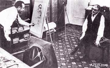 Azerbaijani artist Tahir Salahov painting Shostakovich's portrait, 1974-1976. For more of Salahov's works, visit AZgallery.org