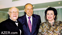 President Heydar Aliyev with Rostropovich and his wife, the famous opera singer Galina Vishnevskaya, on the occasion of Rostropovich's 75th Jubilee in Baku, 2002. Original plans were for the Philharmonic to open marking President Aliyev's 80th birthday on May 10, 2003.