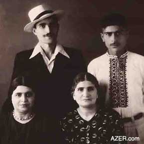 Aziza Jafarzade (1921-2003) and her family in the late 1940s before her brother Ahmad (1929-2000) was arrested (1953) and sent into exile. Seated left to right: Aziza and her mother Boyukkhanim. Standing Brothers Ahmad and Mahsun. Photo: late 1940s.
