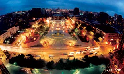 View of Heydar Aliyev Palace, previously known as Republican Palace, and Lenin Palace. The building contains one of the largest assembly halls in Baku and is used for prestigious concerts and Presidential Inaugurations.